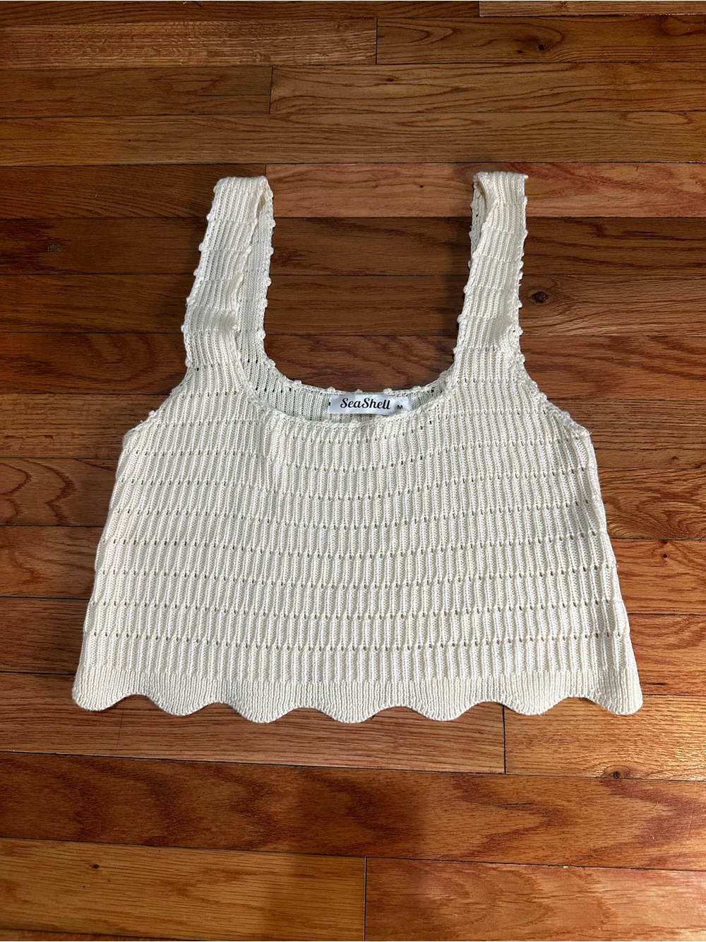 Seashell Cream Knit Cropped Tank Top Scalloped Medium